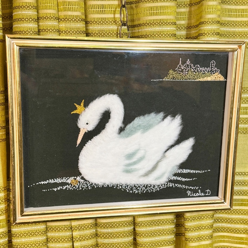 Vintage 1960s flocked needlepoint, Princess Swan, fiber artwork, Matsubato #714